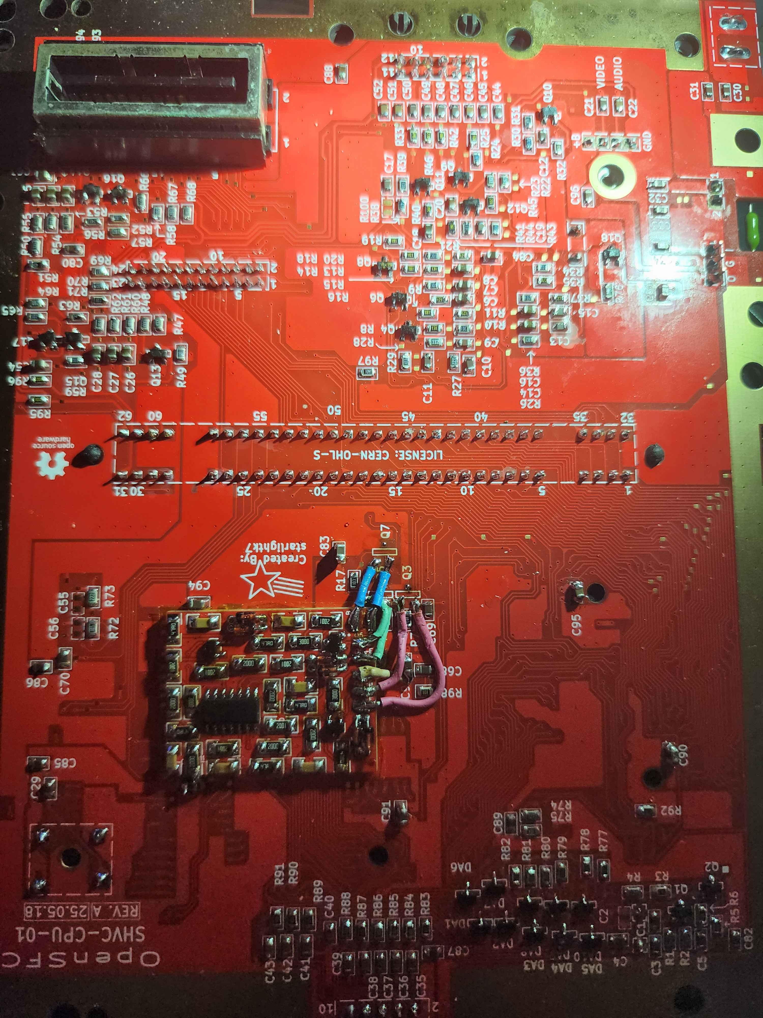 OpenSFC SHVC-CPU-01 red board with the Torapu/Buttersoft mod.