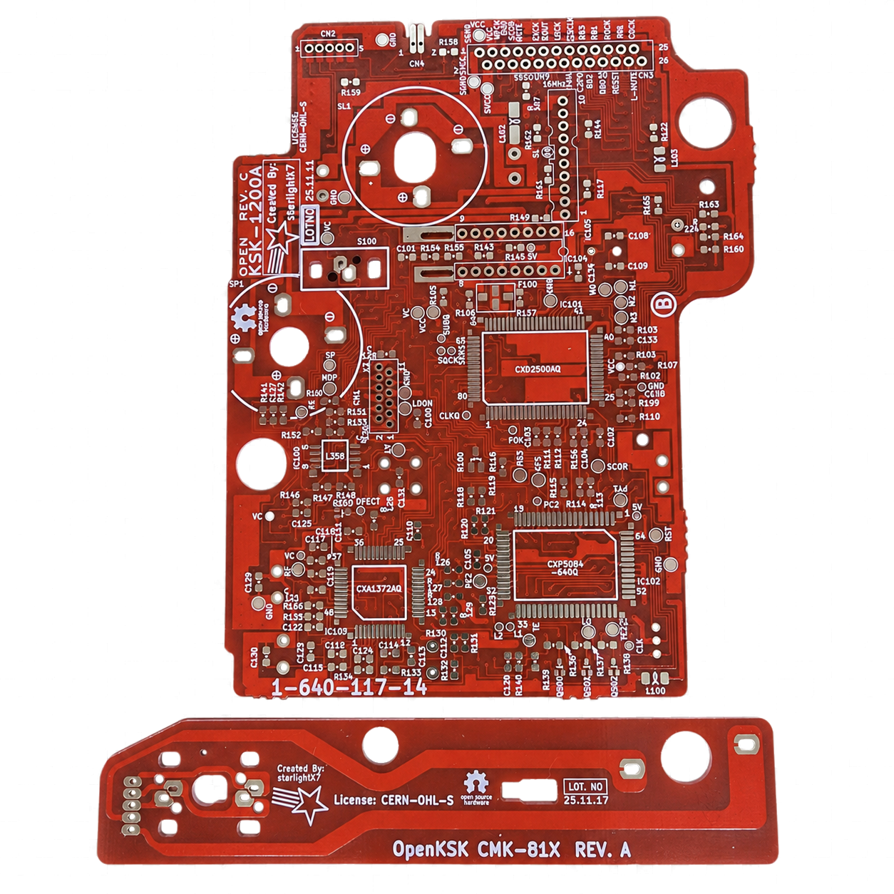Stylized gold OpenKSK reproduction of the Sony KSK-1200A CD-ROM laser board.